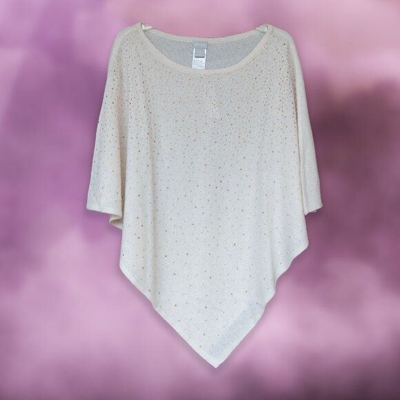 Chicos Cashmere Poncho Sweater Rhinestone Ivory Asymmetrical Wool Bedazzled - Picture 4 of 16